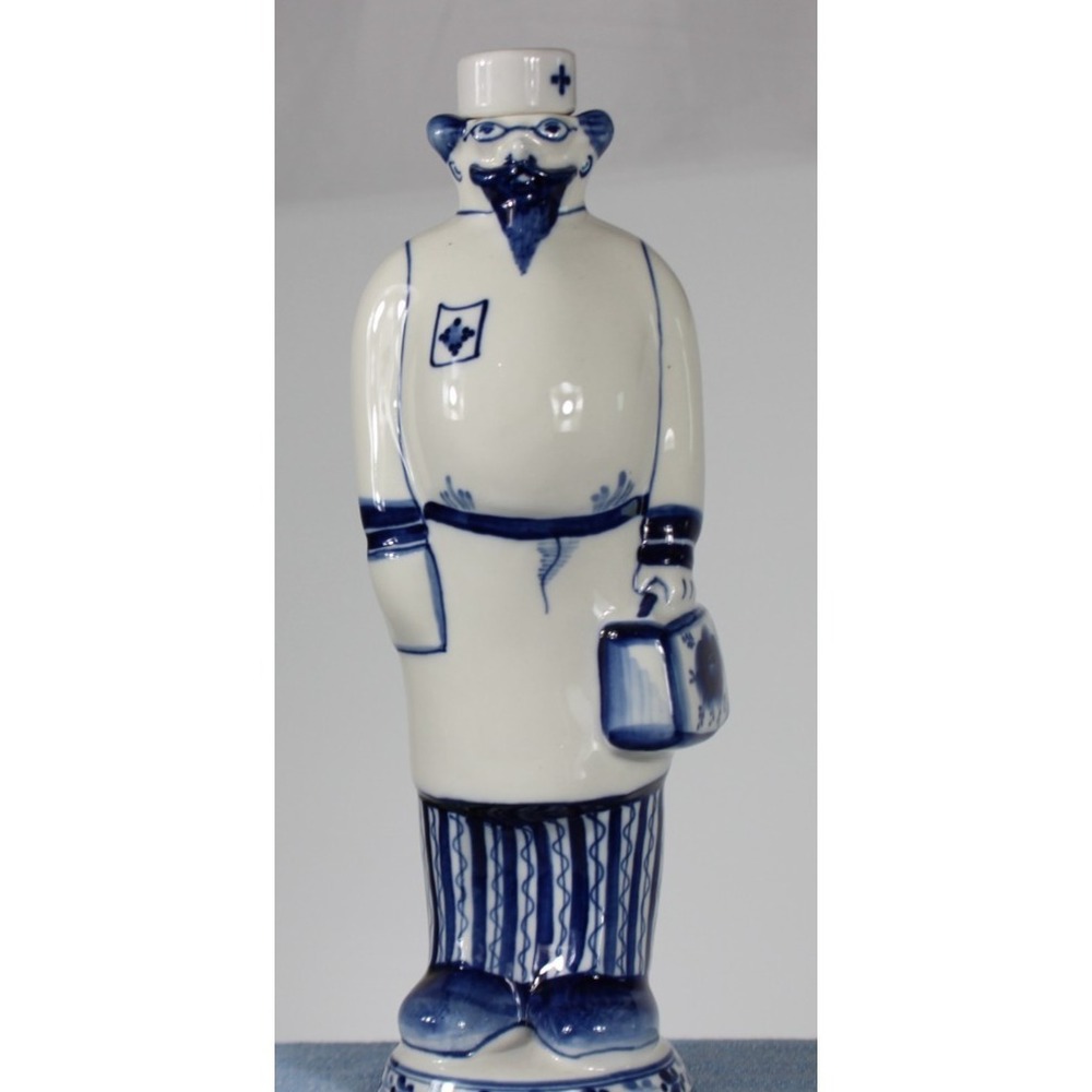 Gzhel Doctot Figure Bottle hand painted blue & white 10.5 in tall VTG
